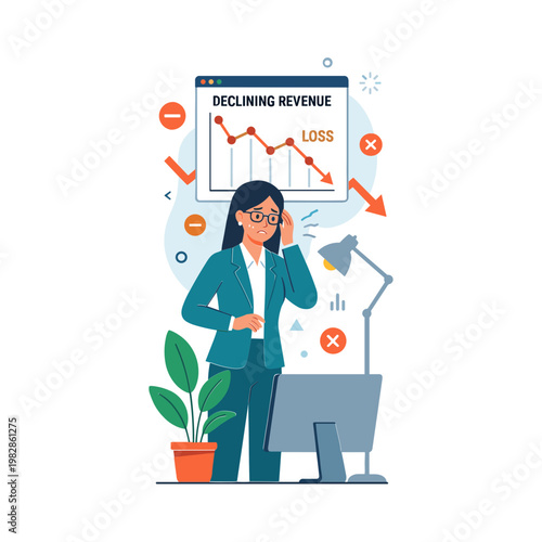 Businesswoman analyzes declining revenue on computer screen with concern