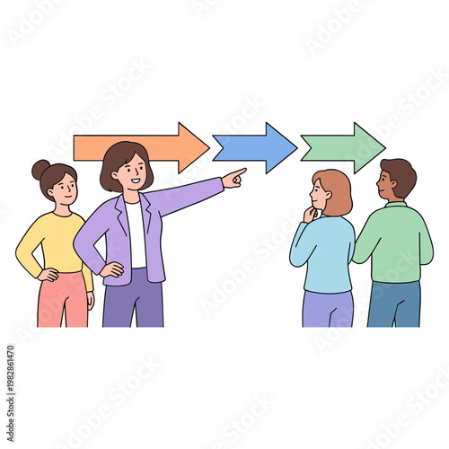A woman points to three different directions at people standing around her.