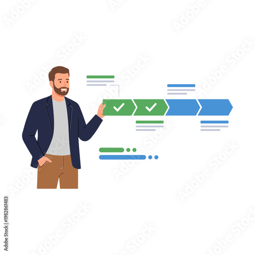 Man presenting a flowchart in an office setting with checkmarks