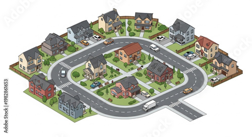 Aerial View of Suburban Neighborhood Cul-de-sac with Houses and Streets.