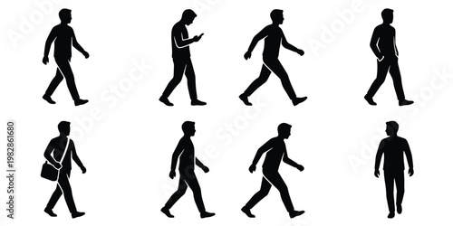 Walking man silhouettes set, collection of 8 male pedestrian vector icons, people in motion walking and using phone, urban commuter figures
