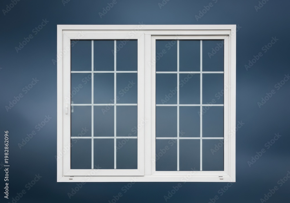Obraz premium A white double glazed window with a grid pattern on a blue wall