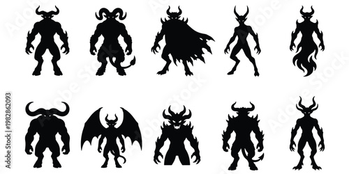 Demonic monster silhouette collection, 10 dark fantasy creature icons, evil devil and horned beast vector set for gaming and horror design