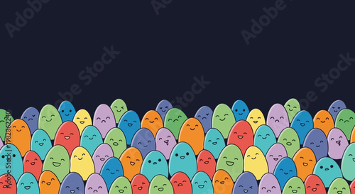 A colorful crowd of diverse cartoon faces gathered together in a lively scene.