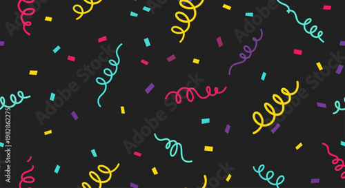 Confetti and colorful streamers are scattered on a black background.