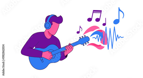 Modern flat illustration of a person wearing headphones and playing an acoustic guitar, with vibrant purple and blue colors.