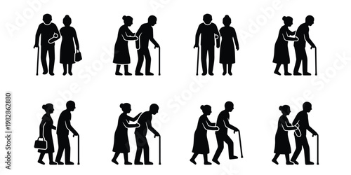 Elderly couple silhouette icons, senior people walking with canes and walking sticks, set of 8 vector silhouettes for geriatric care and aging