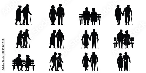 Elderly couple silhouettes set, senior citizens walking and sitting on park benches, 12 vector icons of retired people with walking sticks
