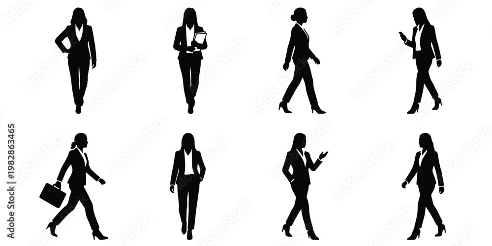 Fototapeta premium Professional business woman silhouettes set, 8 female office worker vector icons, corporate lady walking and standing poses, black isolated figures
