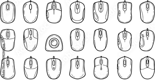 Technology Computer Mouse Vector Icons Set. Hand-drawn Black and White Line Art Collection of PC Mice, IT and Computing Devices in Outline Style.