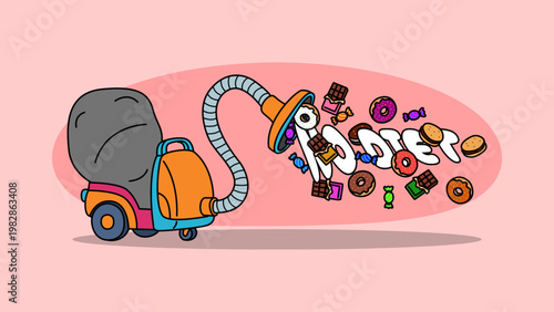 A unique "No Diet" illustration depicts a vacuum cleaner sucking up all sweet foods like donuts, cookies, candy, and chocolate bars. International No Diet Day, May 6.
