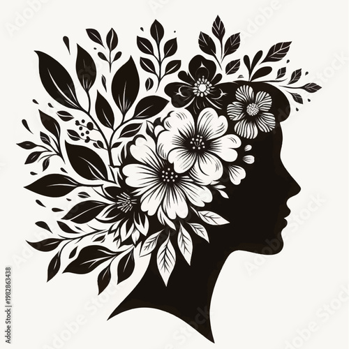 Foto Feminine Silhouette Profile with Flowers and Leaves