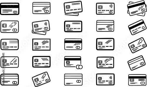 Finance Banking Payment Credit Card Icons Set. Black and White Outline Line Art Collection for E-commerce, Business, and Secure Transactions.