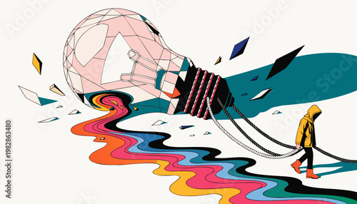 Surreal Concept of Creative Exhaustion and Burnout with Miniature Figure Pulling a Broken Lightbulb and Colorful Flowing Liquid.eps