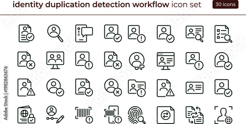 Identity duplication detection workflow outline icon set with profile verification monitoring fraud prevention symbols for dashboards apps presentations web interface systems