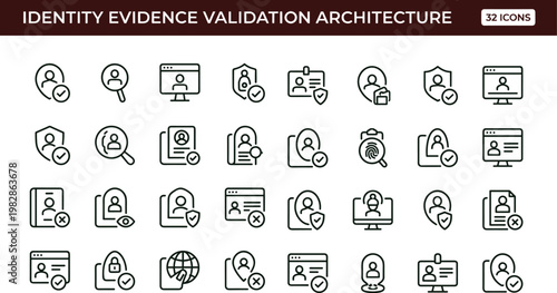 Identity evidence validation architecture outline icon set with authentication verification security compliance symbols for dashboards apps presentations web interface systems
