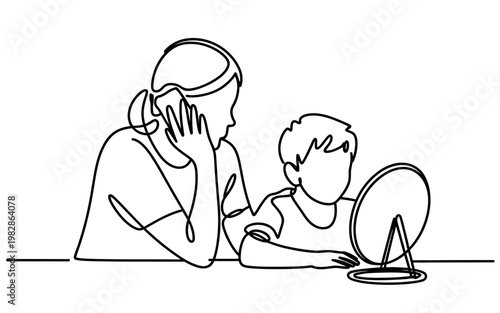 A mother and son looking at themselves in a mirror together at home