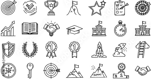 Black and White Hand Drawn Line Art Icons Set for Business, Education, Success, and Achievement. Outline Doodle Symbols of Goals, Learning, and Development.