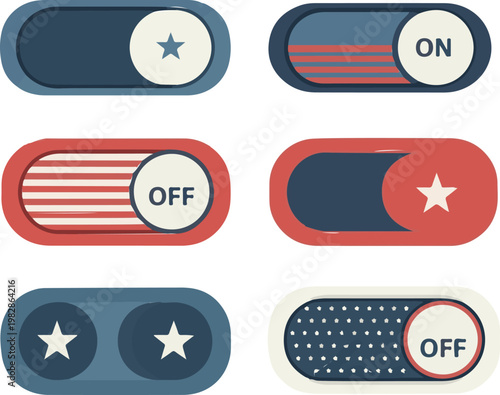 Set of patriotic toggle switch buttons featuring red white and blue colors with stars for modern user interface design