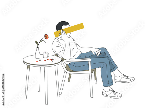 A man sits at a small table with a flower and coffee cup nearby