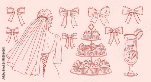 Elegant Wedding Celebration Elements Bride Veil Cupcakes and Festive Drinks with Bows