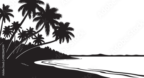 Black and white tropical beach with palm trees