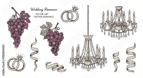 Elegant Wedding Romance Elements Grapes Chandeliers Rings and Ribbons