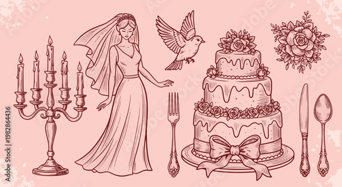 Elegant Wedding Scene with Bride Cake Candelabra and Dove