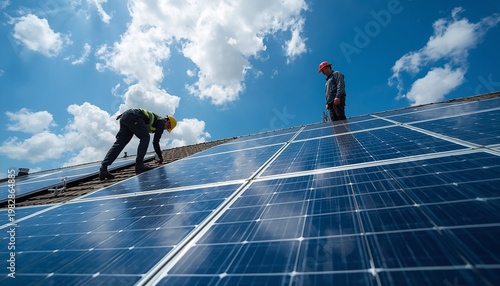 Solar jpeg of professional team of engineers lifting and installing solar panel on roof for renewable energy and sustainable power infrastructure
