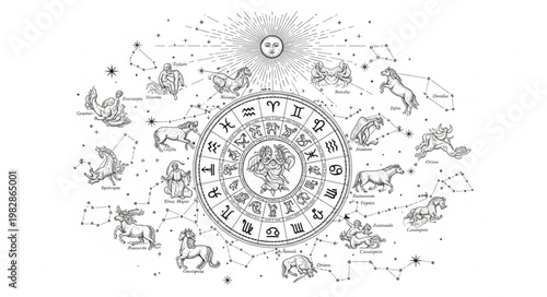 Astrology Zodiac Wheel Horoscope Symbols Celestial Chart.