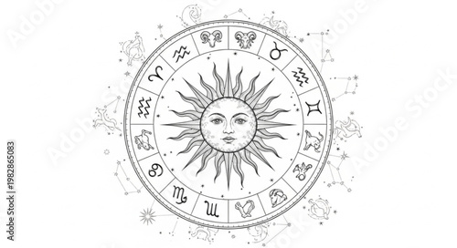 Astrology Zodiac Wheel Sun Face Horoscope Symbols.