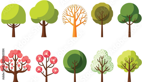 a colorful collection of stylized trees with varying shapes foliage and autumnal tones is displayed in a cartoonish illustration high quality