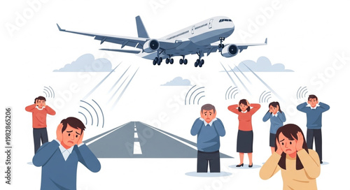 Airplane Noise Pollution Affecting People Near Airport Runway.