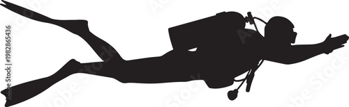 Scuba diver silhouette swimming underwater with scuba gear and flippers, active lifestyle, ocean exploration, water sport