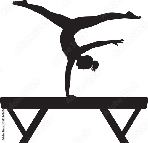Gymnast silhouette performing handstand on balance beam, artistic gymnastics, athletic performance, strength, flexibility