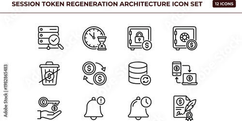 Session token regeneration architecture outline icon set token expiration refresh rotation authentication lifecycle security workflow vector icons