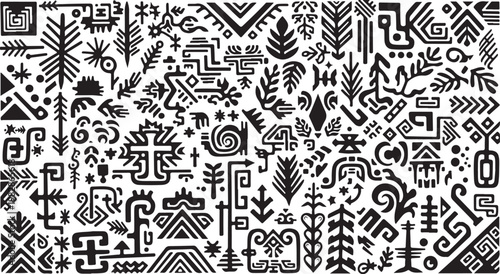 Black and white tribal pattern with various symbols
