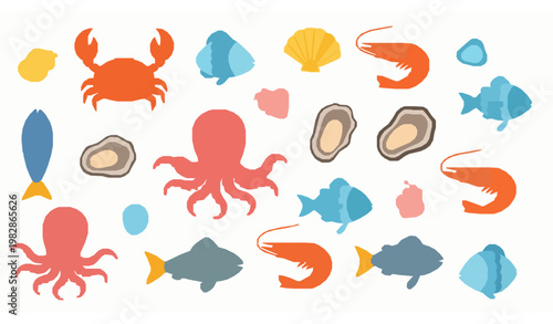Colorful seafood collection flat cartoon vector crab octopus fish shrimp oysters set