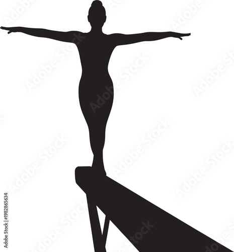 Female gymnast silhouette standing on balance beam with arms outstretched, gymnastics competition, poise, balance, stability