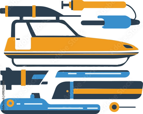 Modern flat vector icon set featuring a stylized speedboat with various sleek nautical components and transportation elements