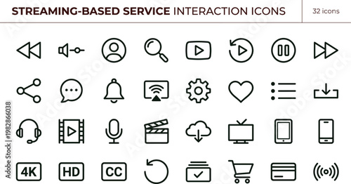 Streaming based service interaction outline icon set live video playback OTT media streaming workflow content delivery vector icons