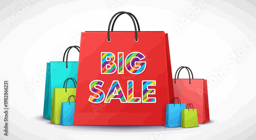 Colorful shopping bags on display with big sale signs nearby indoors