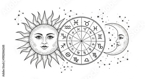 Astrology Sun Moon Zodiac Wheel Celestial Symbols.