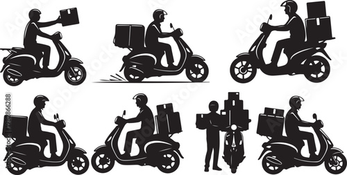 Delivery riders on scooters with packages and boxes