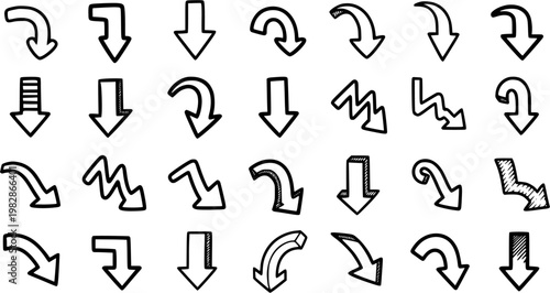 Hand-Drawn Downward Arrows Vector Set. Black and White Doodle Line Art Sketch Icons for Business Data Trends, Financial Decline, and UI Concepts.