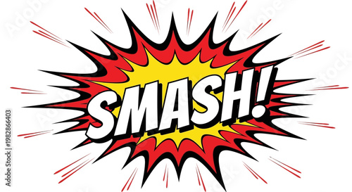 A comic book-style illustration depicts a bold smash effect with motion lines.