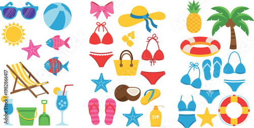 Summer Vacation Accessories Set with Beach Ball, Sunglasses, Sun Protection, Swimwear, and Tropical Drinks for Resorts, Travel, and Web Designs