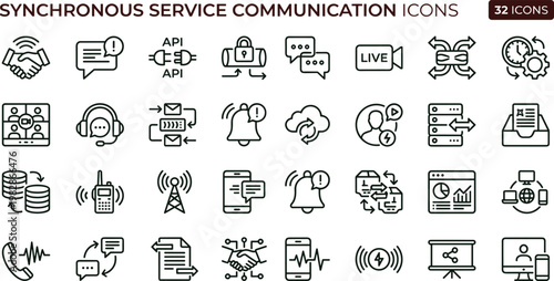 Synchronous service communication outline icon set API interaction real time messaging microservices workflow distributed system vector icons