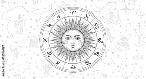 Astrology Zodiac Sun Face Circle Horoscope Symbols.