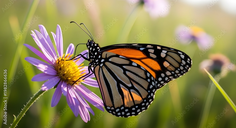 Obraz premium Monarch butterfly on purple wildflower, orange butterfly feeding on nectar in sunny meadow, vibrant insect pollination in summer garden